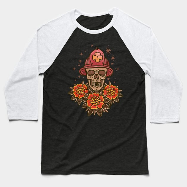 Skull firefighter with helmet and roses Baseball T-Shirt by ManikCreative 